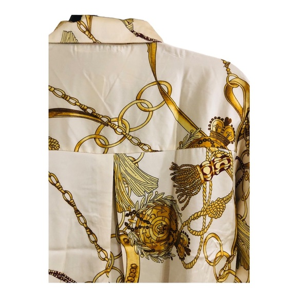 Designer look ivory satin‎ look gold chain print button down blouse top size XL - Picture 10 of 16